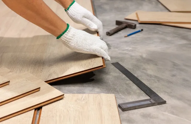 Instalación de una lama de tarima de madera sobre lámina de polietileno con escuadra en una vivienda de Albolote