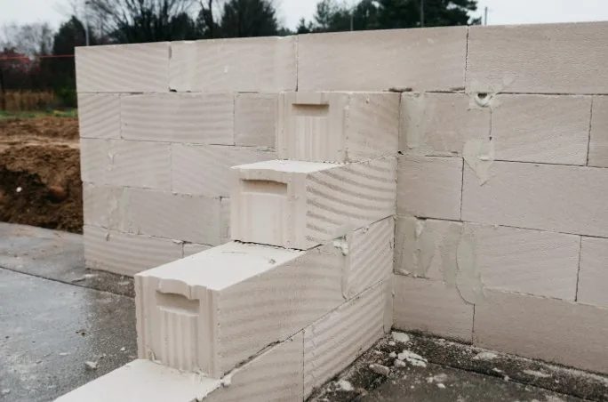 Muro perimetral de bloque de hormigón celular en ejecución en una parcela de Ogíjares