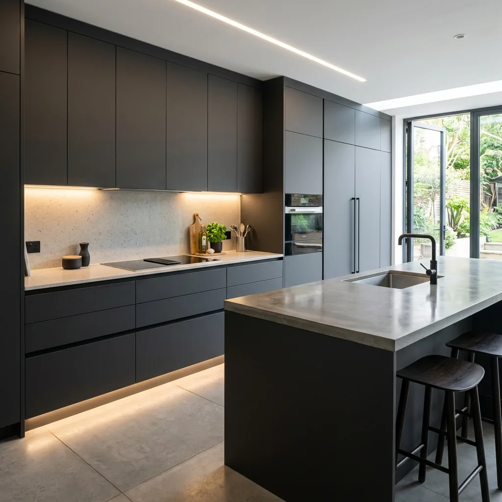 Cocina abierta con isla y muebles oscuros en un apartamento reformado