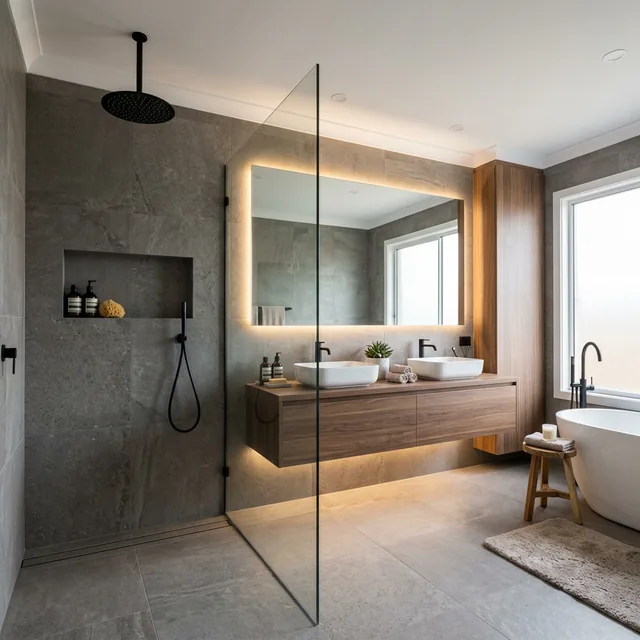Baño reformado con ducha de obra y mampara