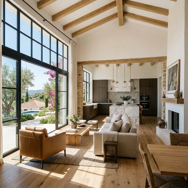 Salón con grandes ventanales en una vivienda reformada