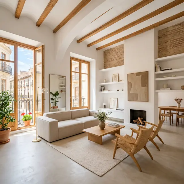Salón reformado con vigas de madera y paredes claras